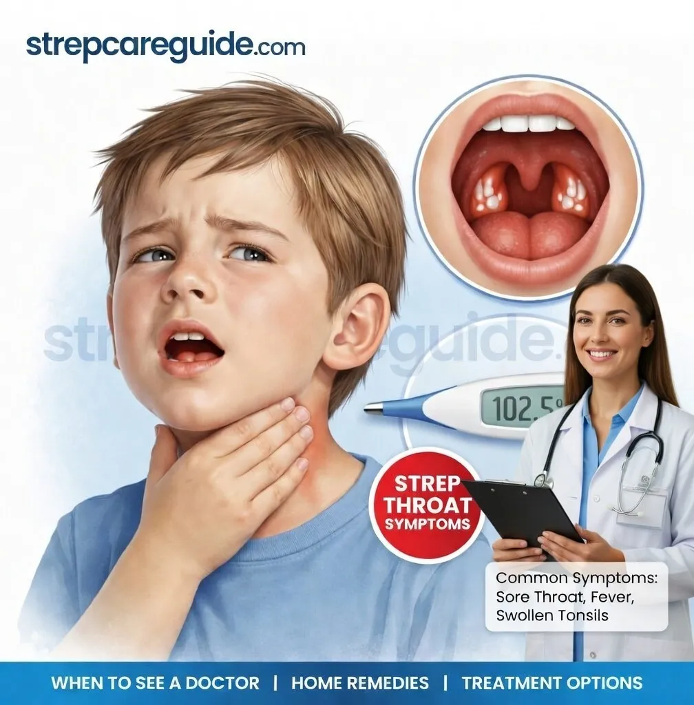 StrepCareGuide graphic: a boy with a sore throat, an inflamed throat, a thermometer reading 102.5 and a doctor