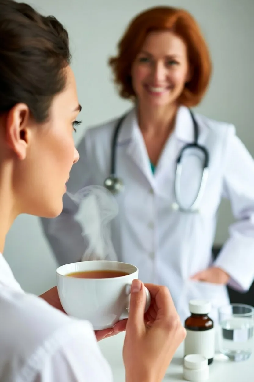 Doctor talking with a patient who is holding a cup of warm tea