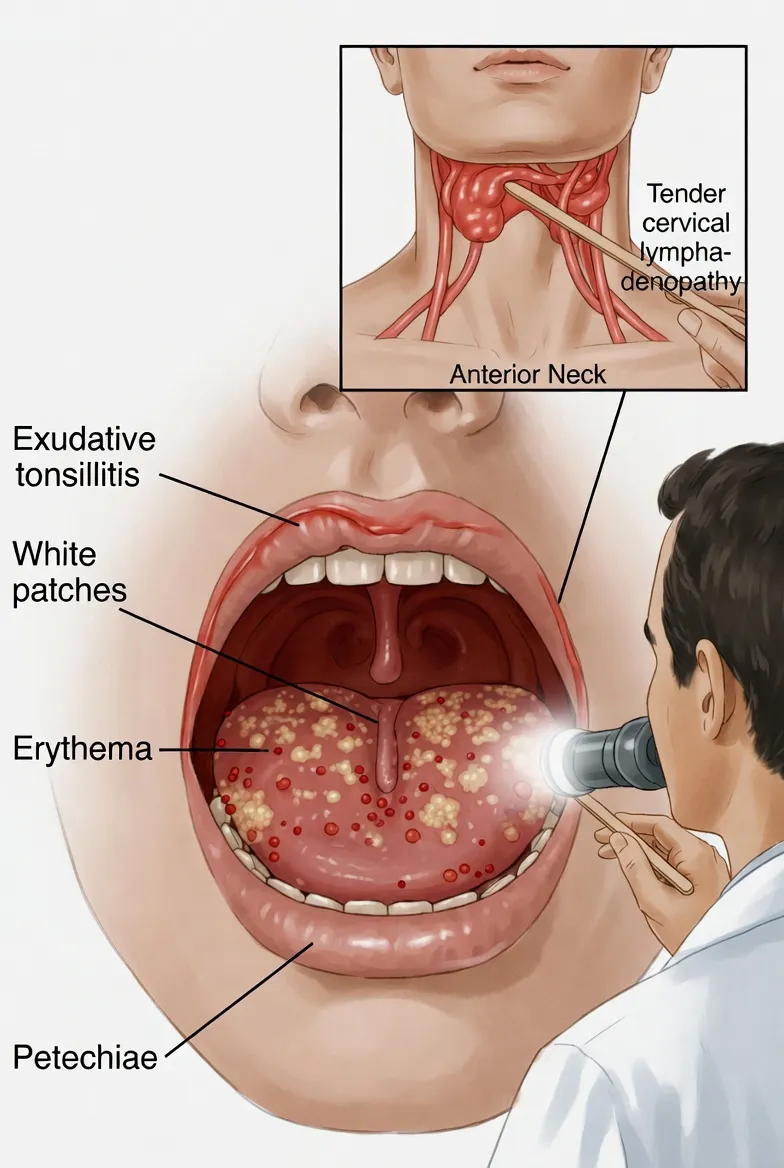 Medical illustration of a throat exam showing exudative tonsillitis, white patches, redness, petechiae and swollen neck lymph nodes