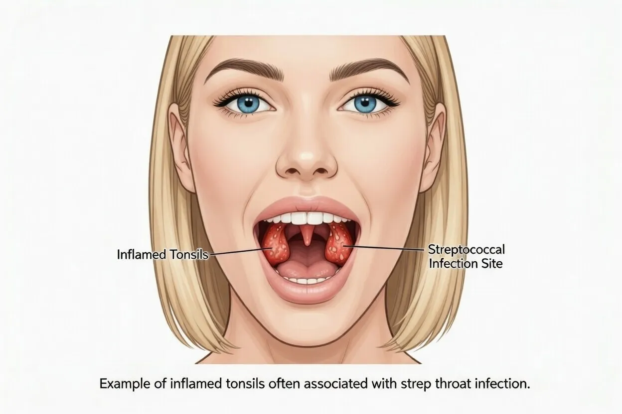 Illustration of a woman with an open mouth showing inflamed tonsils typical of strep throat