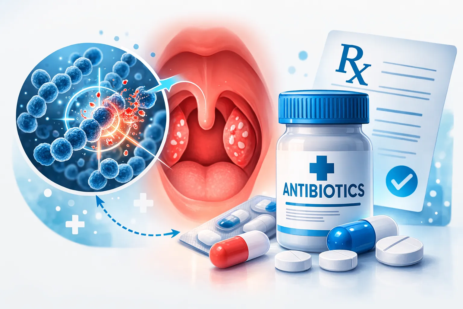 Illustration of strep bacteria, an inflamed throat and antibiotic medicine
