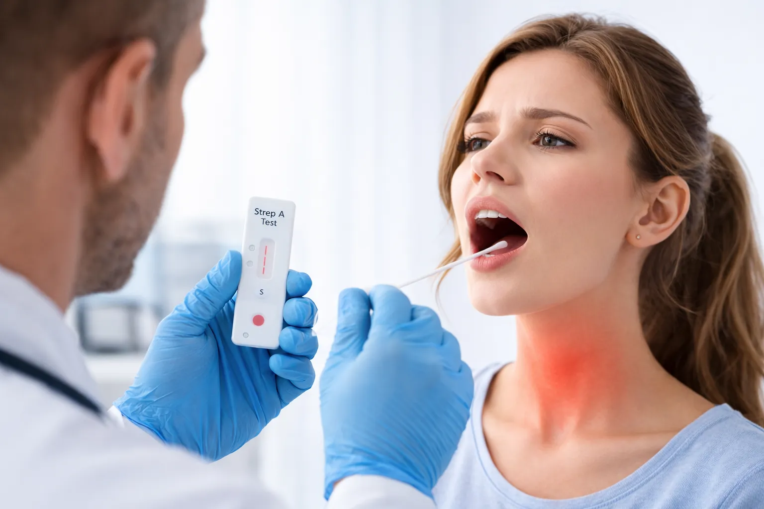 Clinician holding a rapid strep test and a throat swab next to a patient with a sore throat