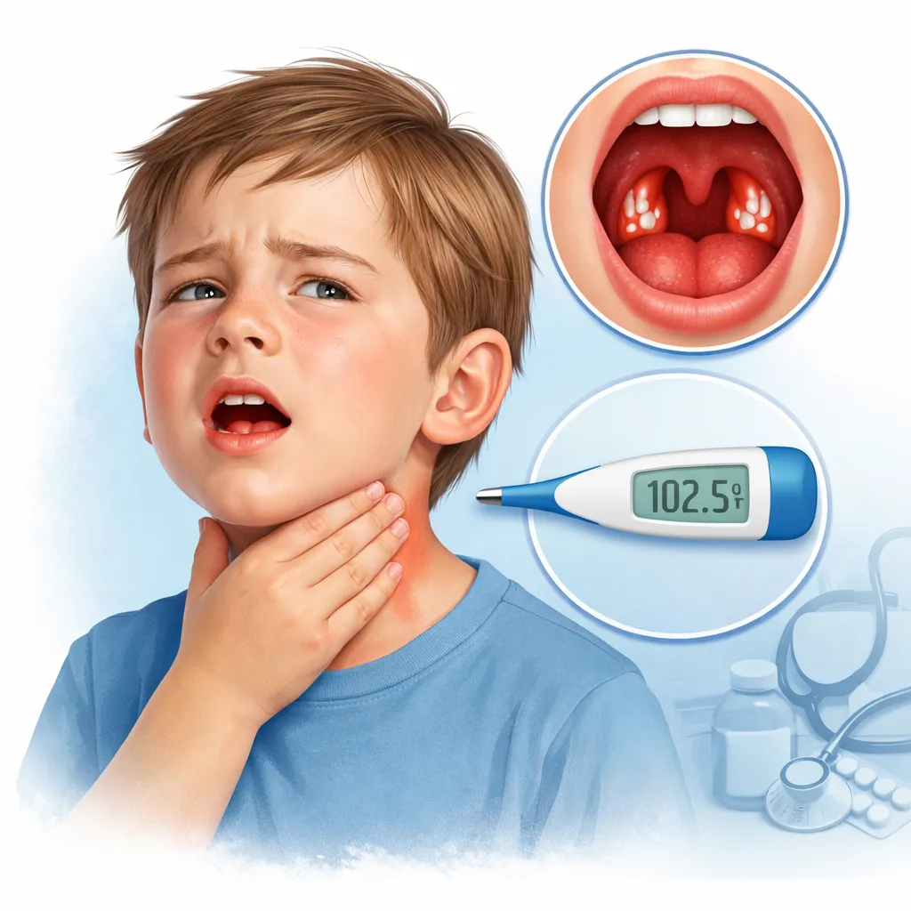 Boy holding his sore throat, with close-ups of inflamed tonsils and a thermometer reading 102.5