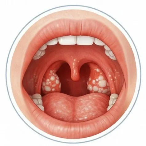 Illustration of strep throat: swollen tonsils with white patches