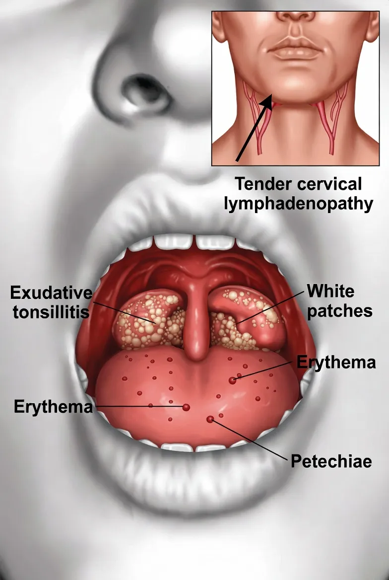 Labeled diagram of strep throat signs: exudative tonsillitis, white patches, redness, petechiae and tender neck lymph nodes