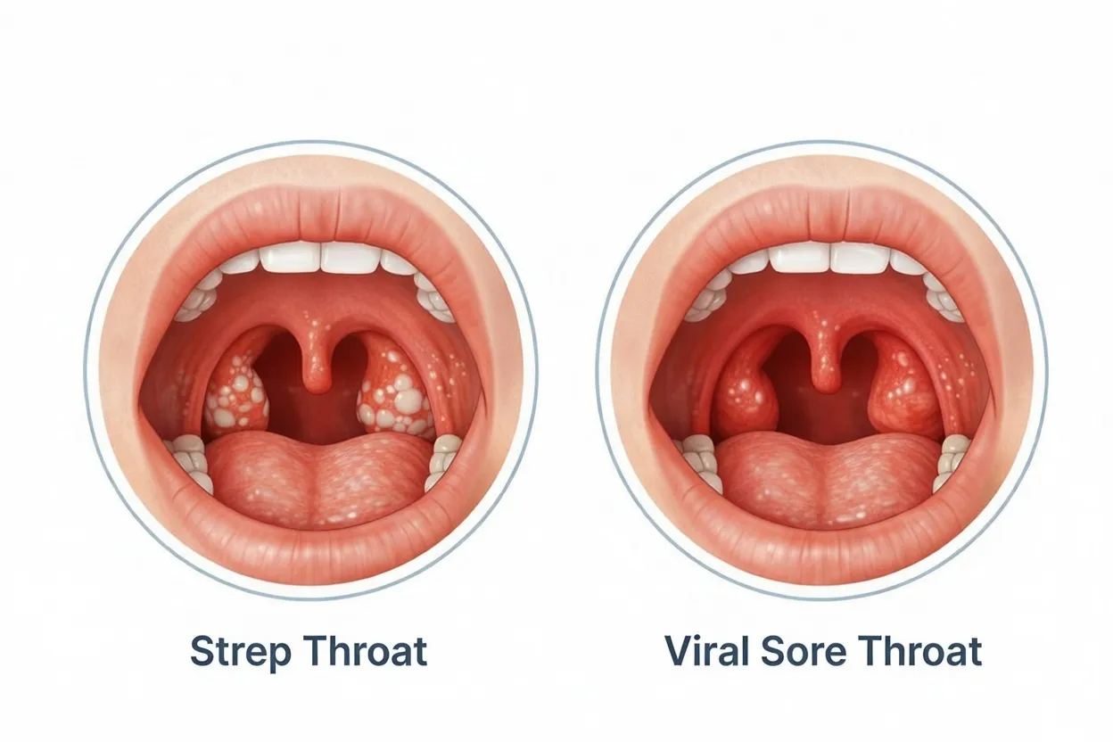 Side-by-side illustrations of a strep throat and a viral sore throat