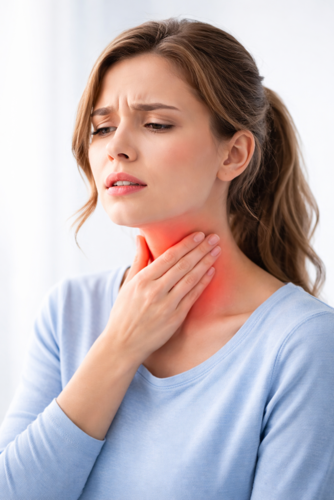 young woman holding her throat in pain with red highlighted neck indicating sore throat or strep throat symptoms